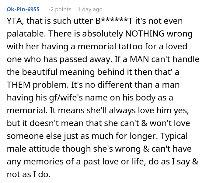 Comment discussing a man's view on how a friend's tattoo might be ruining her love life, leading to emotional distress.