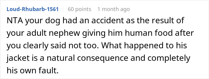 Comment discussing a woman refusing to replace her nephew&rsquo;s jacket after it was ruined by a dog&rsquo;s accident.