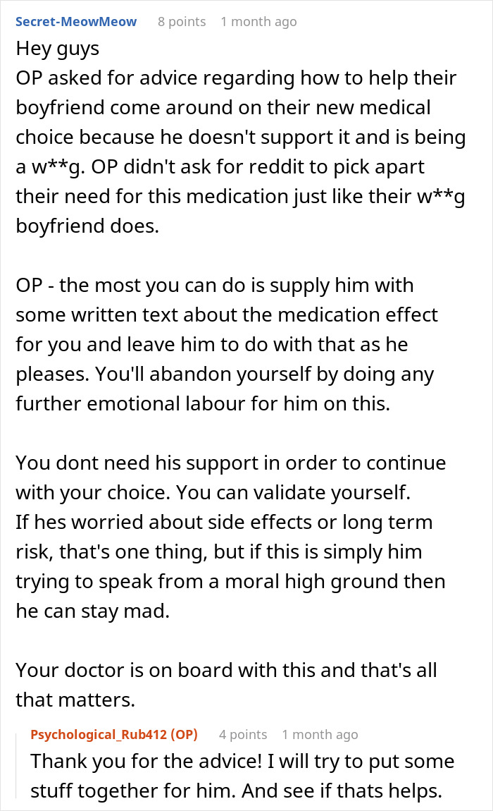 Comment advice on boyfriend’s reaction to woman’s weight loss medication prescribed by doctor, lacking support. Comment advice on boyfriend’s reaction to woman’s weight loss medication prescribed by doctor, lacking support.