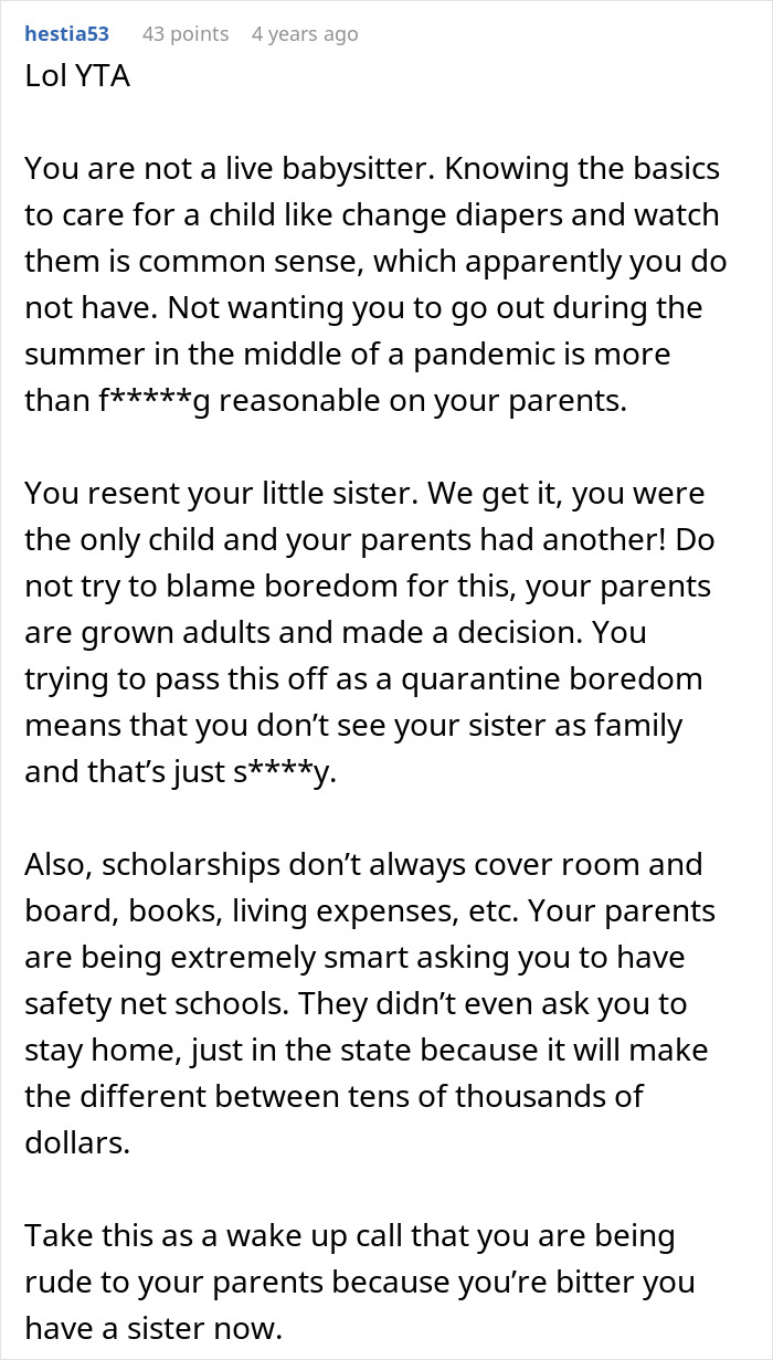 Comment explaining why teen refusing to be live-in babysitter for parents is unreasonable and unfair. - 35