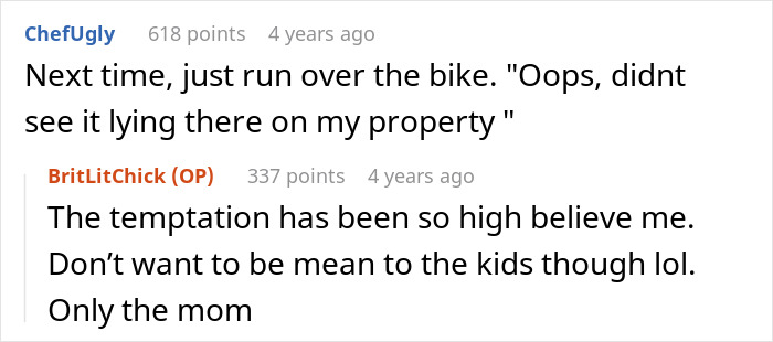 Screenshot of an online discussion about parents treating neighbor&rsquo;s driveway like their own backyard causing homeowner frustration.