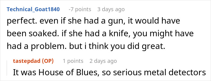 Screenshot of a conversation about a woman annoying everyone at a concert and getting beer poured in her purse. - 28