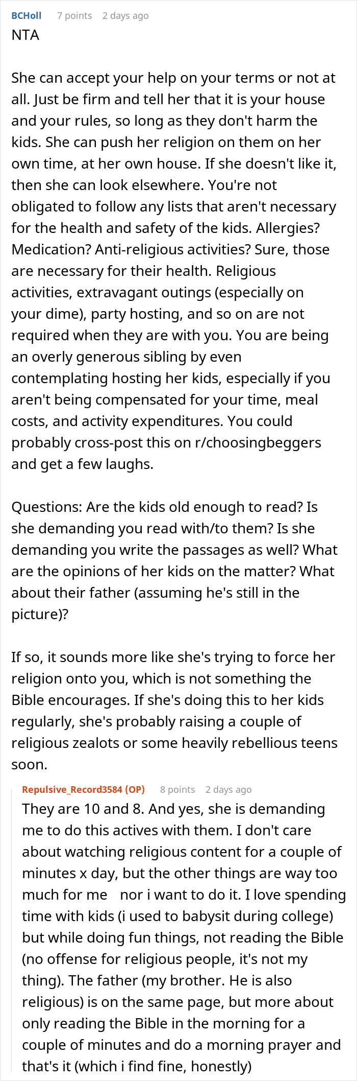 Comment discussing babysitting nephews and the challenges of reading the Bible with them during visits. Comment discussing babysitting nephews and the challenges of reading the Bible with them during visits.