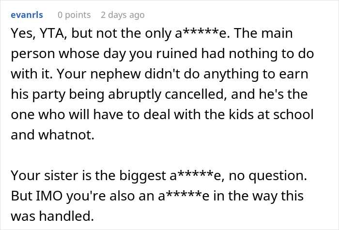 Screenshot of a Reddit comment discussing a woman upset after her brother cut her son&rsquo;s party short due to a broken sentimental toy.