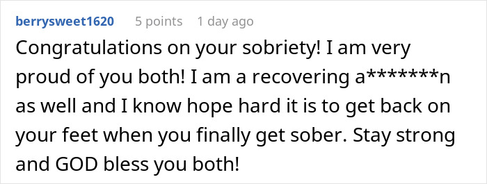 Screenshot of a Reddit comment praising sobriety and offering encouragement to someone recovering from addiction.