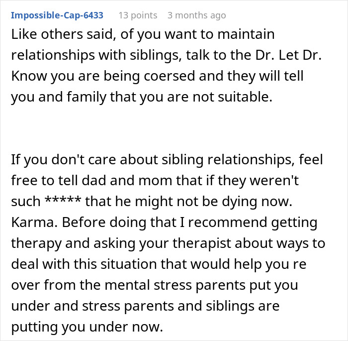 Comment discussing sibling relationships and refusing organ donation due to childhood trauma with a toxic father.