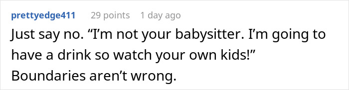 Screenshot of a social media comment advising a woman to set boundaries instead of babysitting at a friend's party. - 19