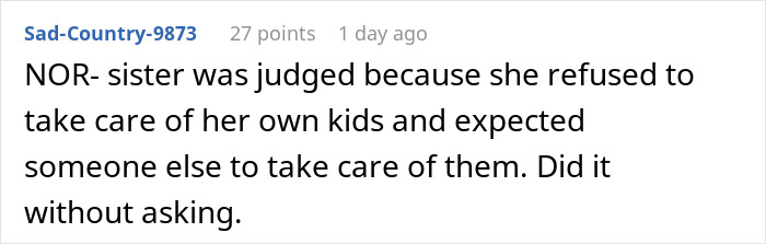 Comment about woman leaving friend's party without saying goodbye after being used as babysitter by her sister, posted online. - 20