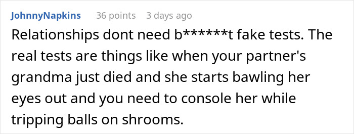 Screenshot of a social media comment discussing relationship tests and referencing a weird social media story test. - 22