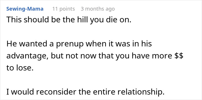 Comment discussing a man who demands a prenup but changes his mind after woman gets seven-figure insurance.