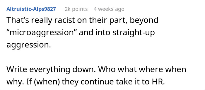Screenshot of an online comment discussing borderline racism and microaggressions related to a Korean woman’s name issue at work. Screenshot of an online comment discussing borderline racism and microaggressions related to a Korean woman’s name issue at work.