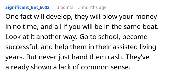 Comment discussing a teen refusing to sacrifice her future to fix parents’ financial mistakes with advice on success. - 42