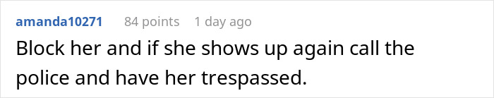 Comment discussing blocking someone and involving police to address trespassing in a family dispute over a service dog.