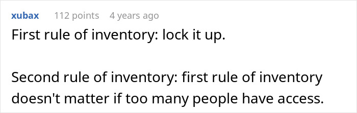 Screenshot of a Reddit comment discussing inventory rules related to tracking missing equipment in a military context.