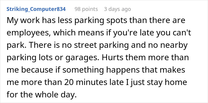 Reddit user explains consequences of limited parking causing employees to stay home if late, highlighting penalty for being minutes or hours late.