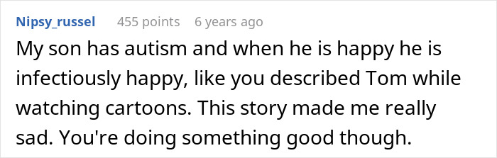 Screenshot of a forum comment about a man on a patio discussing autism and emotional expressions in children.