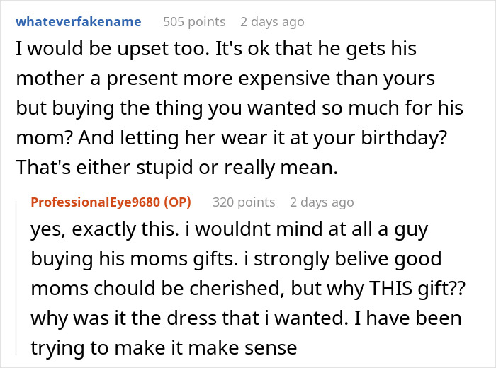 Reddit comments discussing a jerk boyfriend buying his girlfriend's dream gift for someone else to humble her. - 18