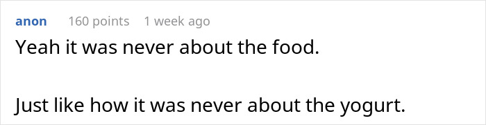 Screenshot of a forum comment discussing a guy nagging his starving girlfriend to eat more, leading to breakup.