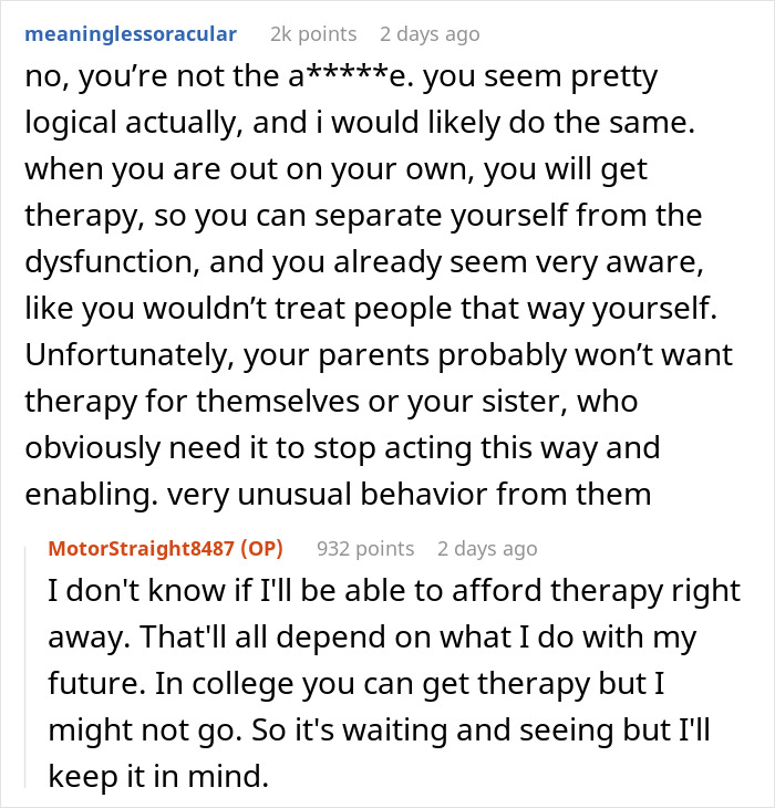 Text conversation about therapy and family dysfunction, related to golden child stealing brother&rsquo;s gifts and birthday issues.