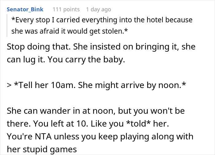 Reddit comment discussing a wife's strange travel habits and the husband's frustration with her quirks causing difficulties. - 34