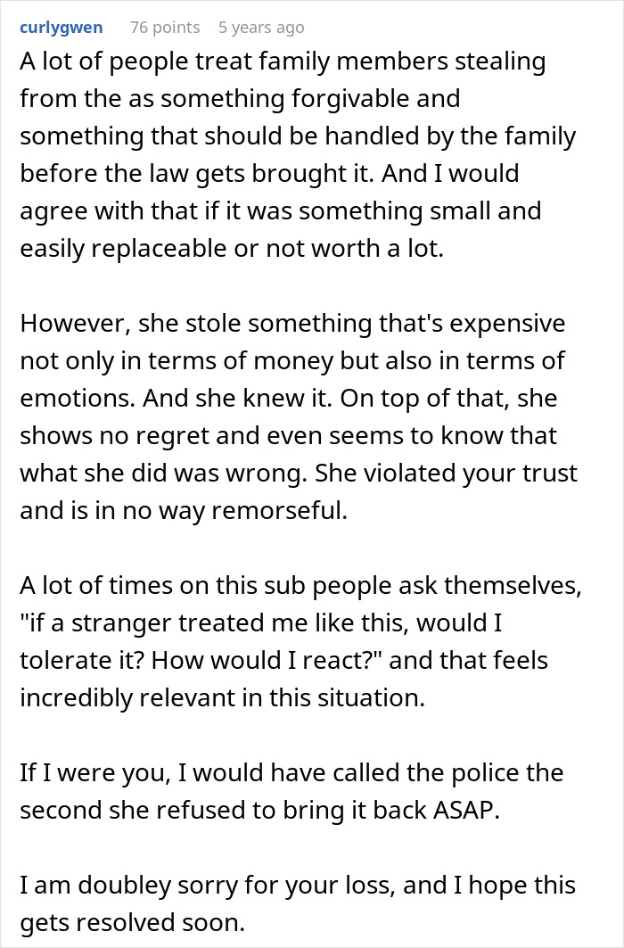 Comment discussing family drama caused by entitled grandma stealing grandson&rsquo;s ashes and showing no remorse over the loss.