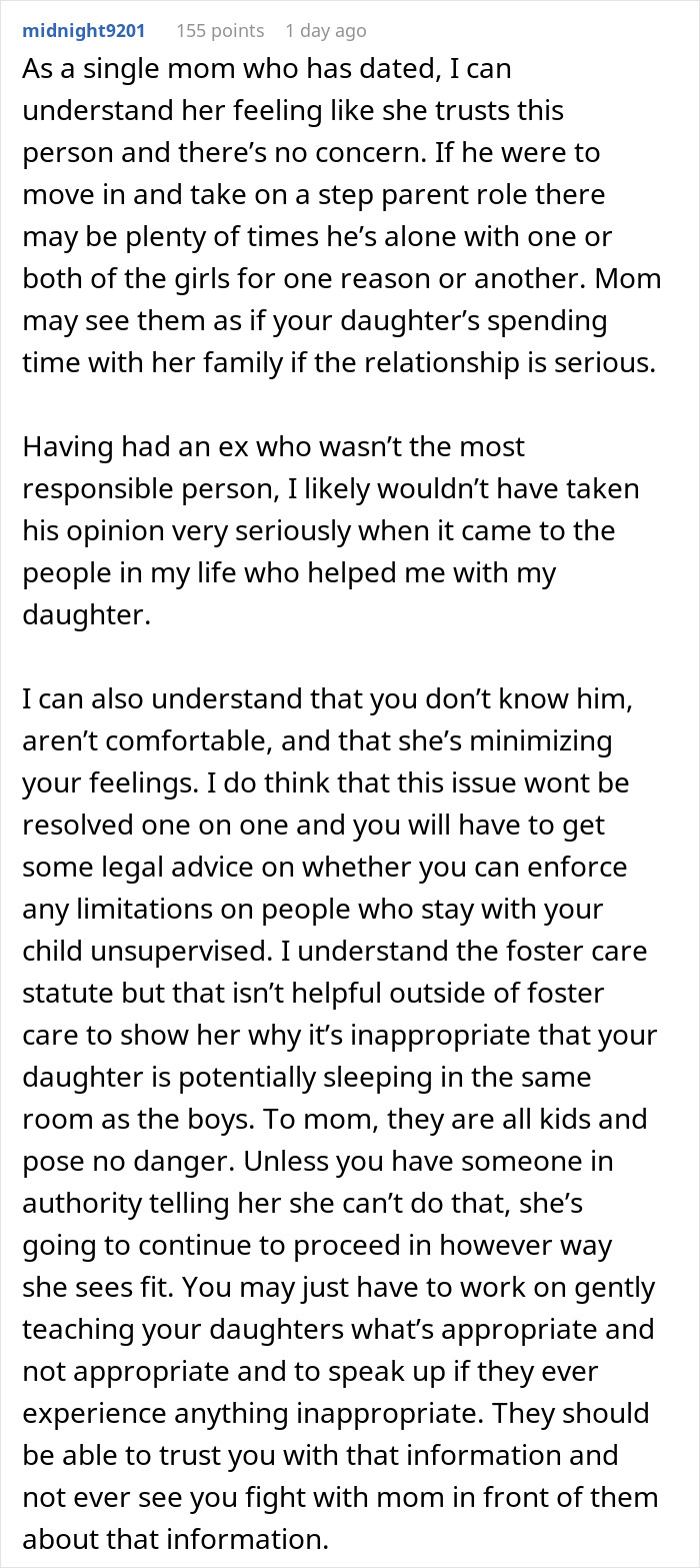 Comment from single mom about 8-year-old spending night at mom&rsquo;s boyfriend&rsquo;s house, concerns from dad shared.