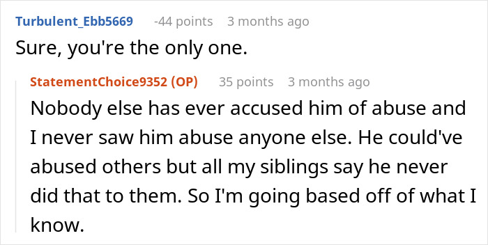 Screenshot of a Reddit conversation about a man refusing to donate an organ to his abusive father during a heated discussion.