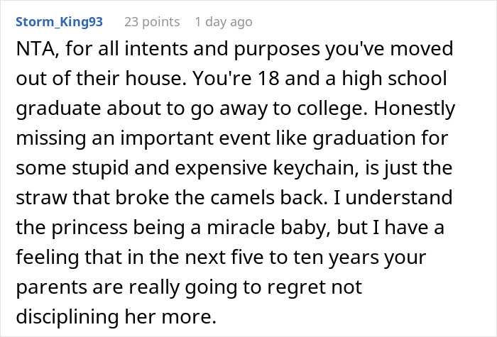 Comment discussing parents playing favorites and adopted daughter moving out after graduation, expressing regret and discipline concerns.