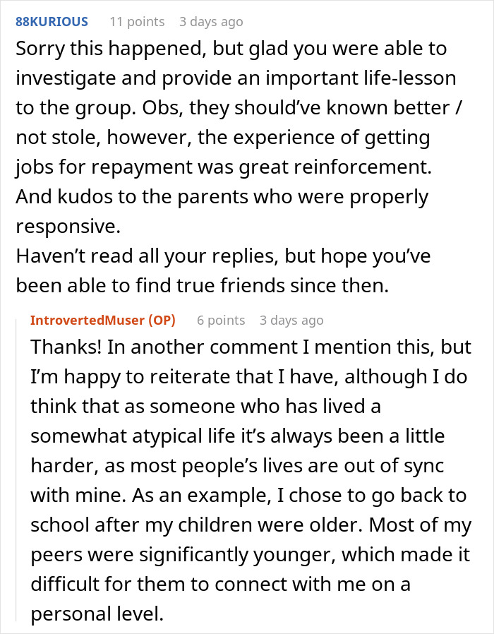 Online discussion with users commenting on a pregnant woman’s revenge after a friend’s guest steals from her. - 57