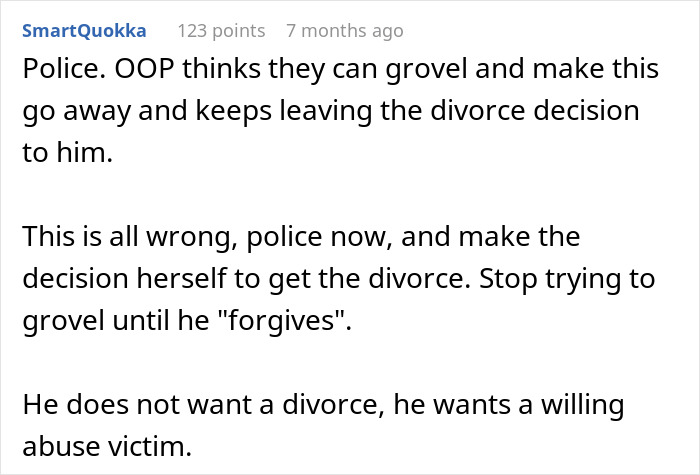 Comment discussing police involvement and divorce decisions amid verbal and physical abuse faced by drunk wife flashing husband's friends. - 38