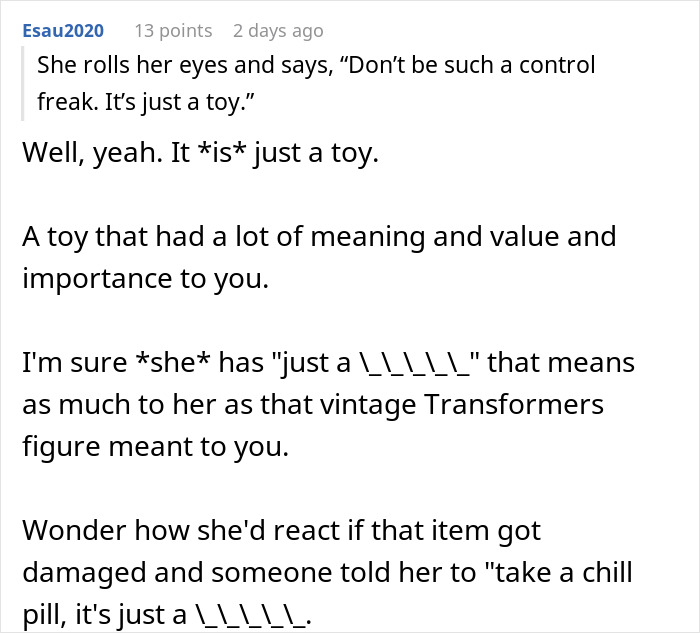 Comment discussing a woman upset after her brother cut her son&rsquo;s party short over a broken sentimental toy.