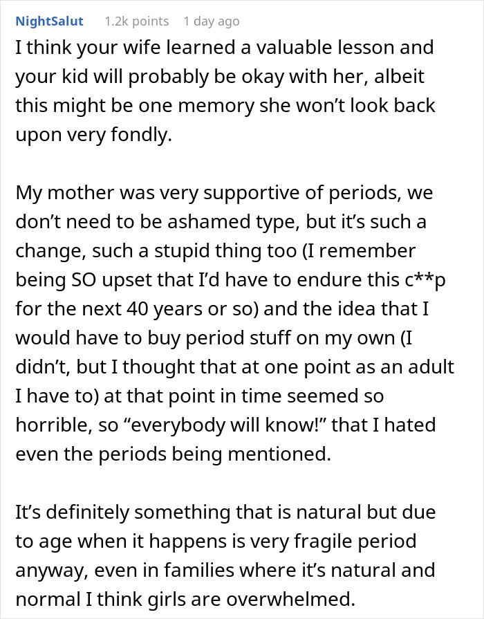 Comment discussing a mom's supportive but overwhelming approach to her 12-year-old daughter's menstruation celebration experience. - 65