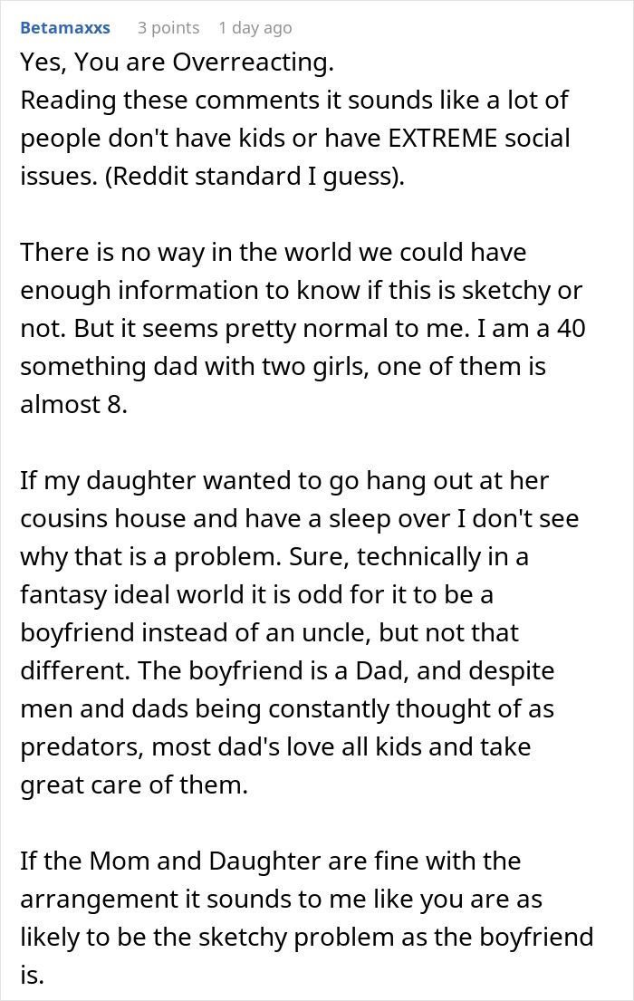 Screenshot of online comment discussing concerns about 8-year-old spending the night at mom's boyfriend's house.