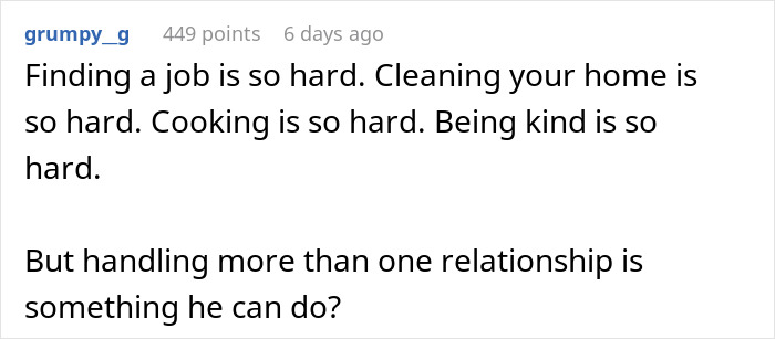 Comment discussing the difficulty of life tasks and questioning handling an open marriage and demands for a child. - 87