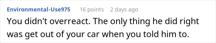 Comment on a forum, discussing a man being told to get out of the car after insulting his date during a road incident. Comment on a forum, discussing a man being told to get out of the car after insulting his date during a road incident.