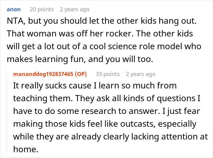 Screenshot of an online discussion about a man banning children from his property due to an entitled parent. - 21