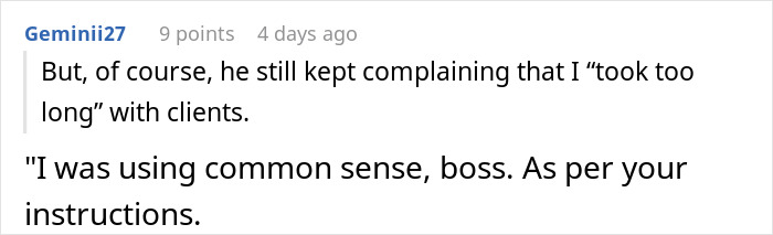 Screenshot of a user comment discussing how the boss told him to message after every client but then ignored him for hours. - 32
