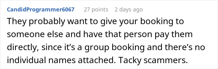 Screenshot of a Reddit comment discussing group bookings and scams related to resort room reservations for wedding guests. - 24