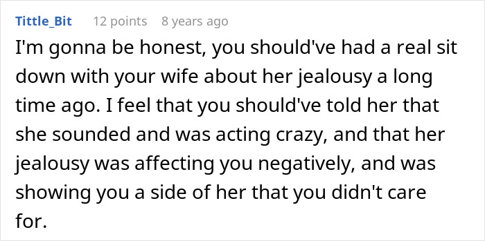 Comment discussing a jealous wife spying on husband at work and how jealousy negatively affects their relationship.