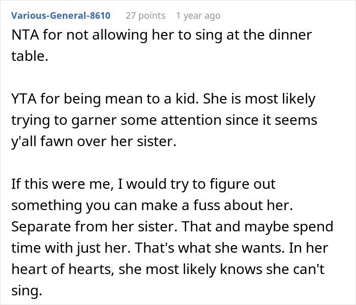 Reddit comment discussing a stepmom banning teen from family dinners for singing and family dynamics issues. Reddit comment discussing a stepmom banning teen from family dinners for singing and family dynamics issues.