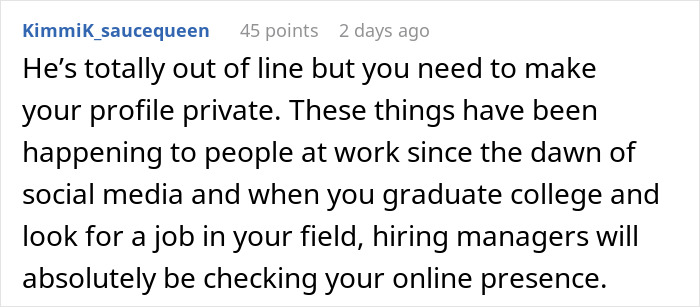 Screenshot of a social media comment discussing privacy and concerns about posting bikini photos with boss not wanting employee pictures shared. - 21