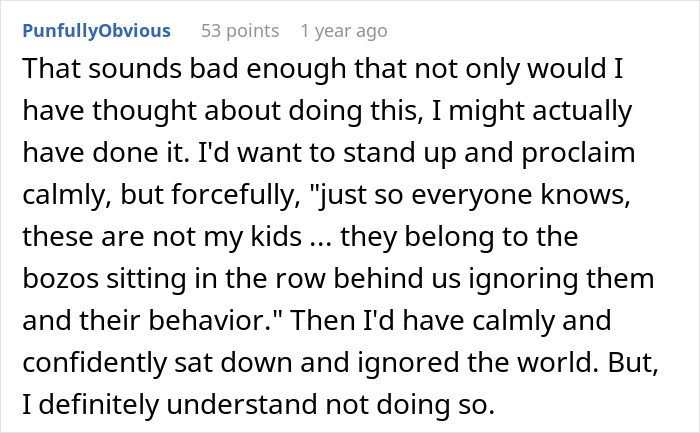 Comment text discussing a woman blamed for rowdy kids during flight while parents drank behind her. - 36