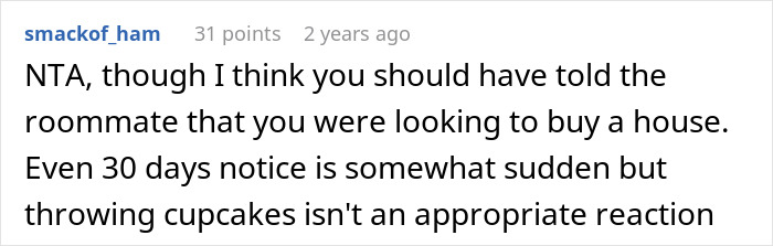 Screenshot of a Reddit comment discussing not telling roommate about buying a house until closed and giving notice timing.