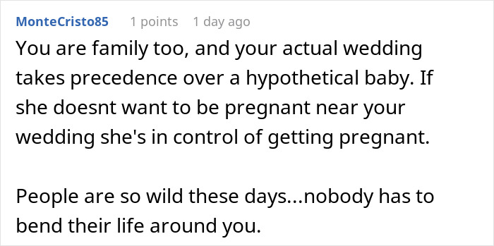 Comment on a forum post discussing a bride refusing to move her wedding due to sister possibly being pregnant. - 27