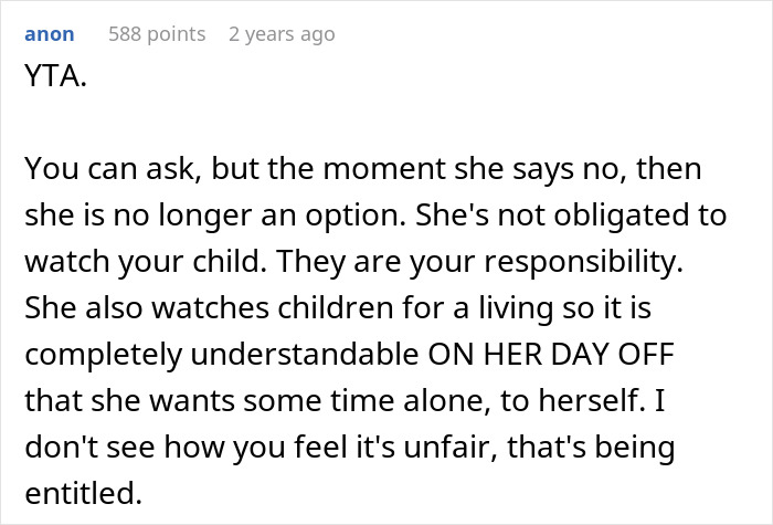 Comment explaining a nanny who works 50 hours a week is not obligated to babysit for free on her off days.