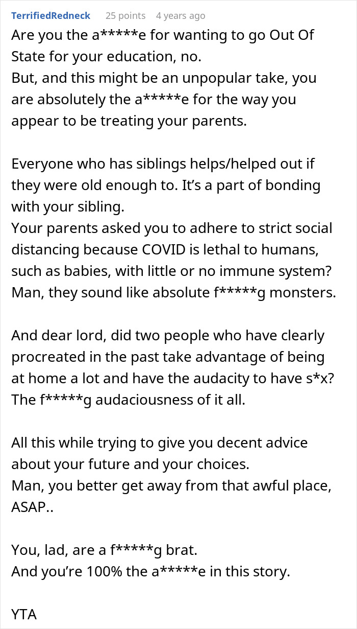 Comment discussing a teen refusing to be a live-in babysitter for parents, sharing strong opinions. - 38