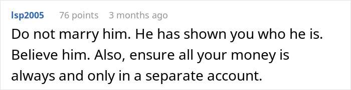 Comment warns against marrying a man, advising to keep money in a separate account after prenup demands and insurance news.