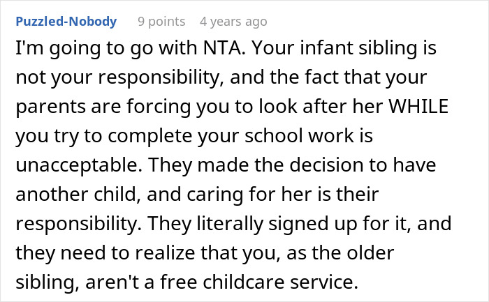 Screenshot of a forum comment where a user discusses a teen refusing to be a live-in babysitter for parents. - 16