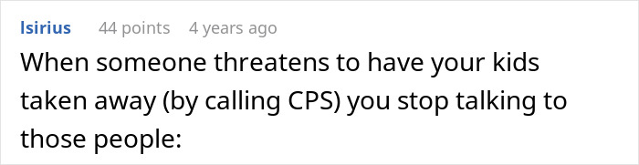Screenshot of an online comment discussing threats from CPS and advice for a woman facing MIL conflicts. Screenshot of an online comment discussing threats from CPS and advice for a woman facing MIL conflicts.