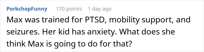 Comment discussing a PTSD and mobility support service dog involved in a family dispute over a late brother&rsquo;s 6-year-old dog.
